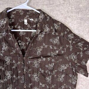 Johns Bay Women’s Button Up Short Sleeve Brown Top Sz 1X Y2K Floral Granola